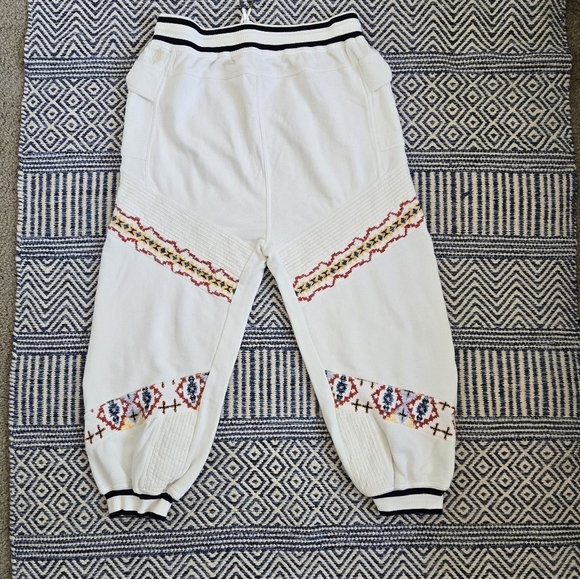 Free People Crystal Sport Joggers Embroidered Ribbed Waist Ivory Red Gold Large - Picture 13 of 16